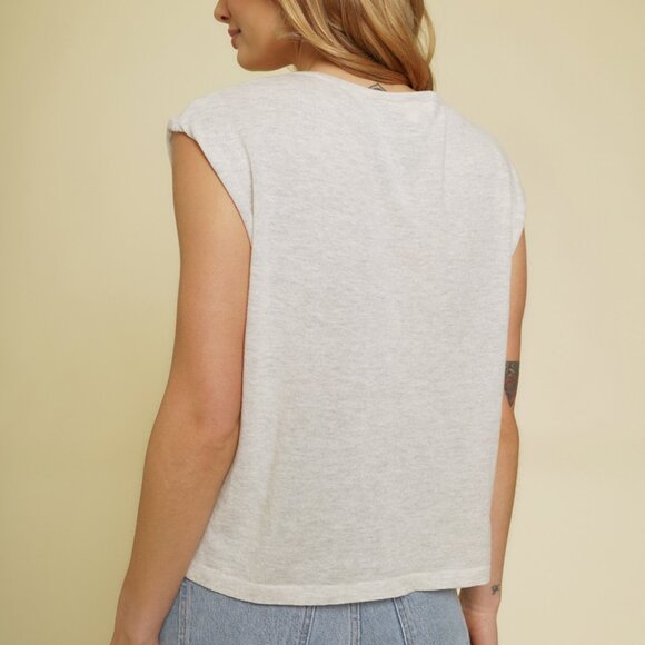 MYSTREE Light Oatmeal Drawstring Front Top | Soft Knit Cap Sleeve Tee - Picture 4 of 5